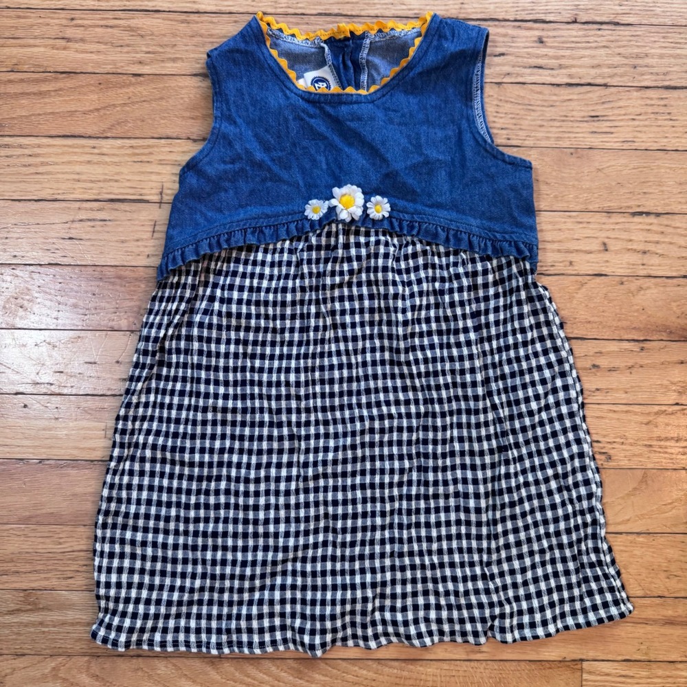 Vintage Arizona Jean Co Denim Gingham Daisy Dress Girls Size 5 Cottagecore 90s